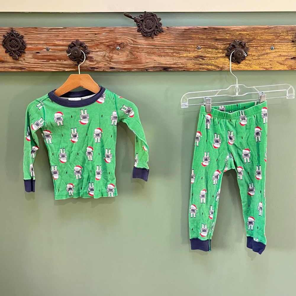 Hanna Andersson Kids US 3 Green Santa Robot Organic Cotton Pajama Set Euro 90cm